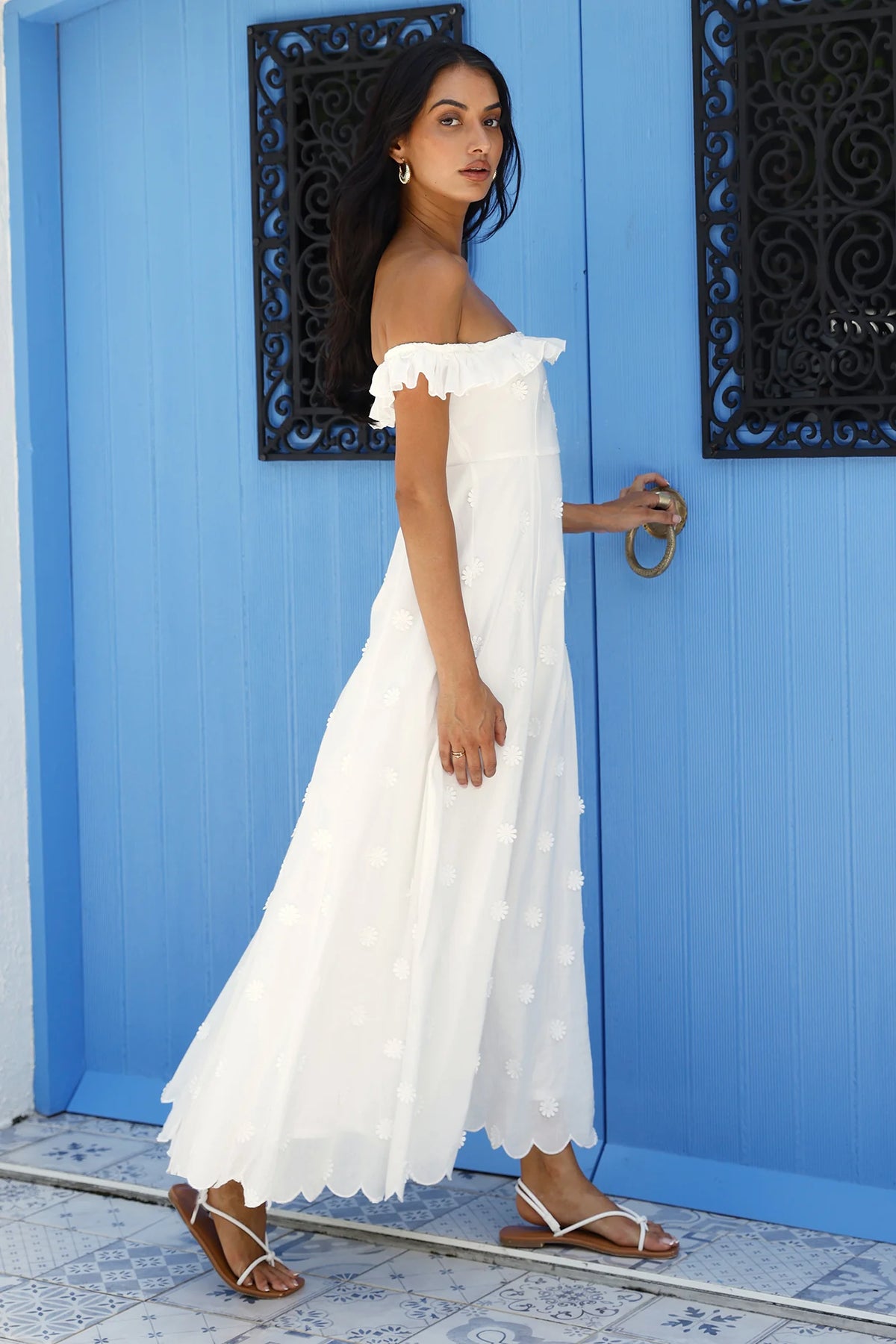 Sunset Waves Off Shoulder Maxi Dress Off White
