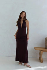 Iconic Evening Halter Maxi Dress Brown
