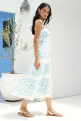 Under Palm Trees Strapless Midi Dress Blue