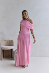 Hidden Flair One Shoulder Mesh Maxi Dress Pink