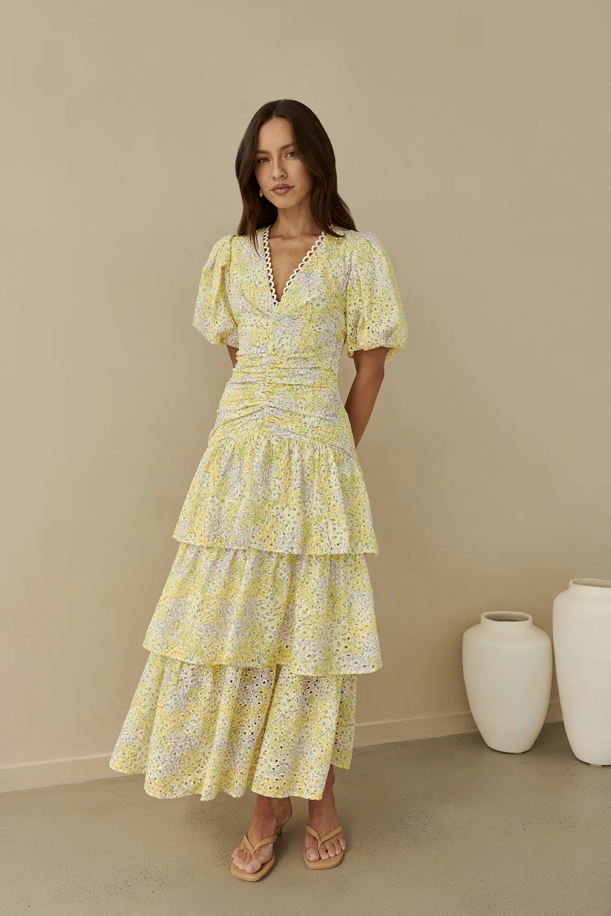 Corinna Tiered Maxi Dress Lemon