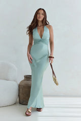 Destinations Halter Satin Maxi Dress Sage