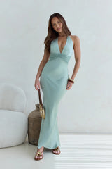 Destinations Halter Satin Maxi Dress Sage
