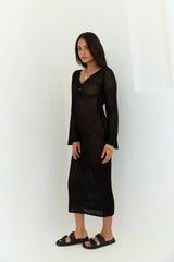Sailing Into Sunset Knit Long Sleeve Maxi Dress Black