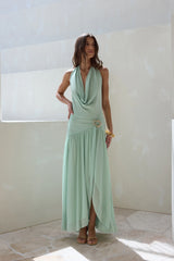 Floating Clouds Halter Mesh Maxi Dress Sage