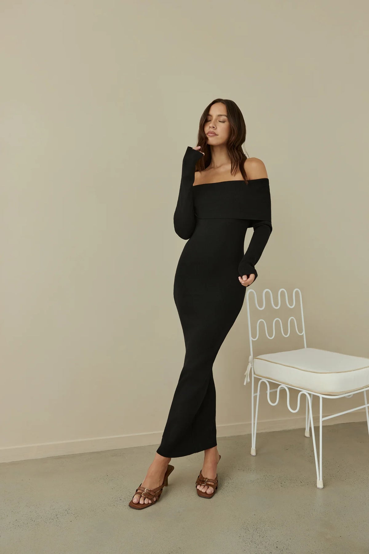 Angels Sing Off Shoulder Knit Maxi Dress Black