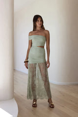 Blossoming Hearts Off Shoulder Lace Maxi Dress Sage