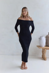 Chilled Luxe Off Shoulder Knit Maxi Dress Black