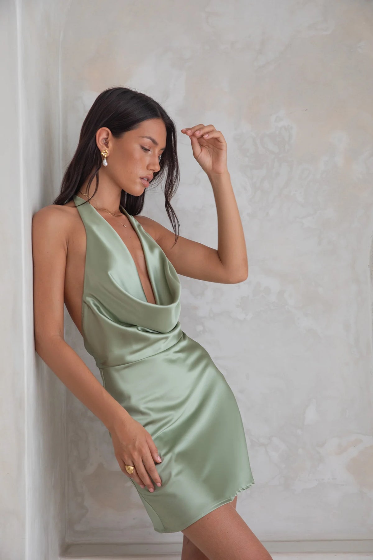 Beyond The Valley Satin Halter Mini Dress Sage