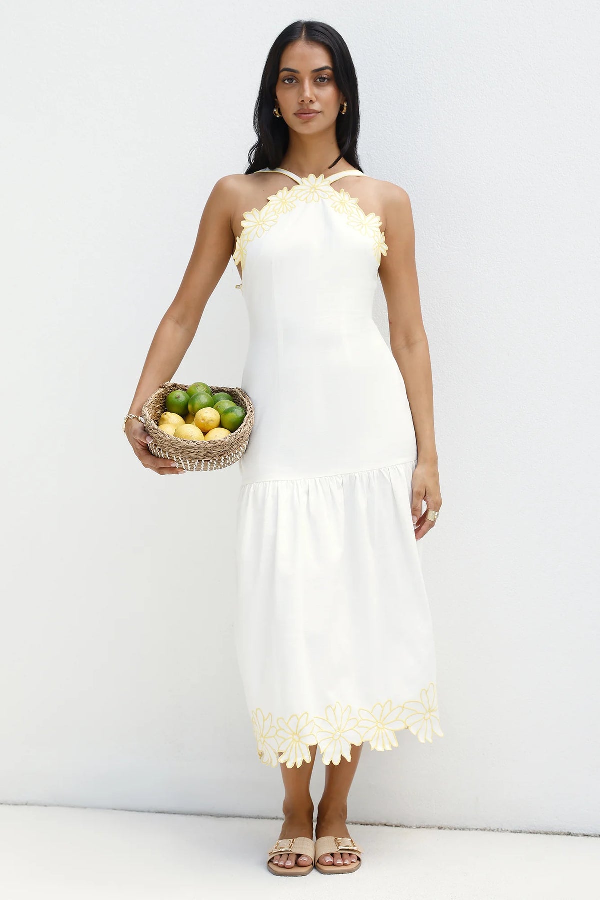 Golden Petals Midi Dress White