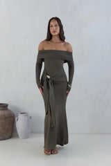 The Getaway Edit Off Shoulder Maxi Dress Olive