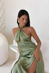 In My Feelings Satin Maxi Dress Olive