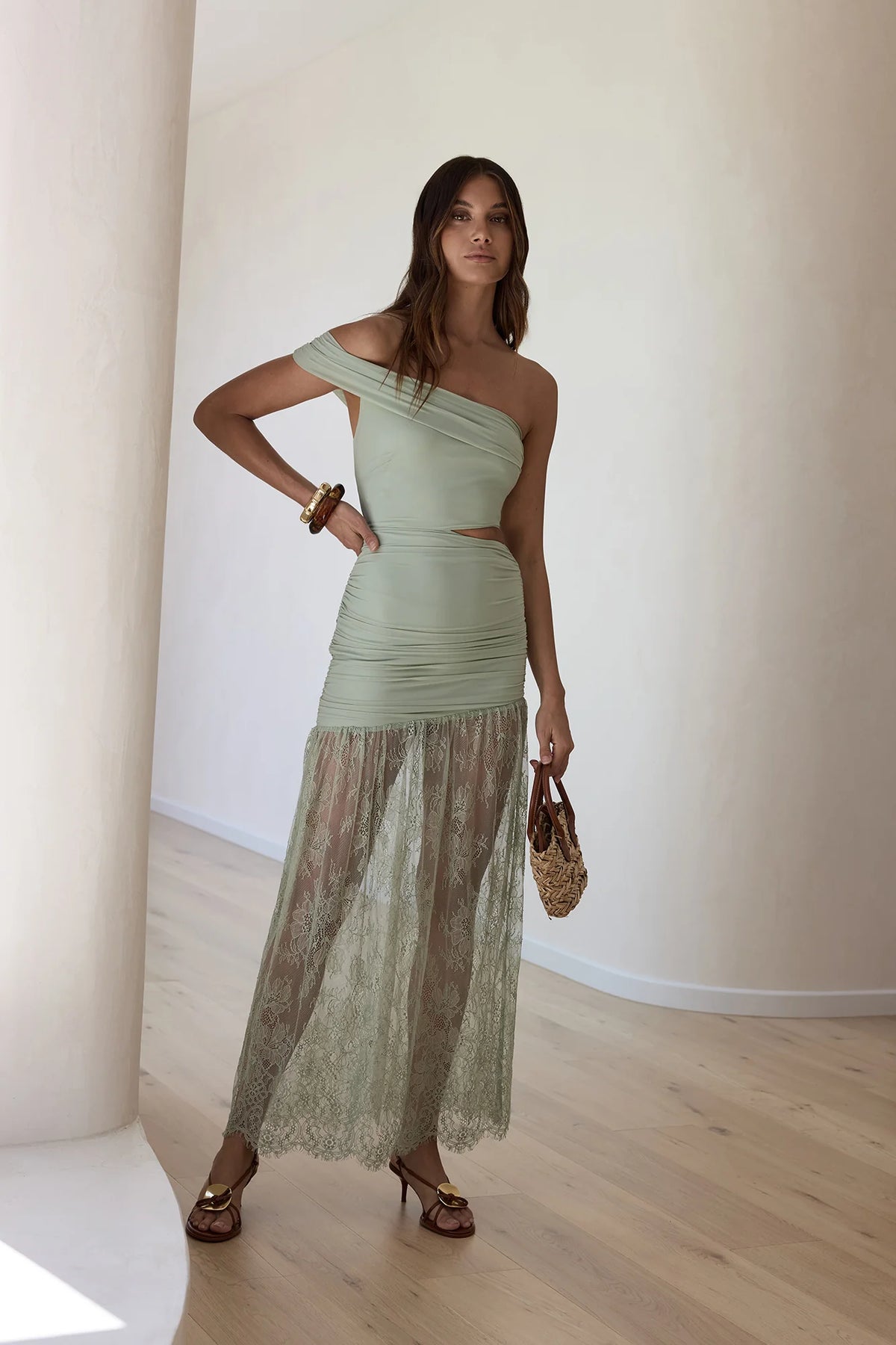 Blossoming Hearts Off Shoulder Lace Maxi Dress Sage