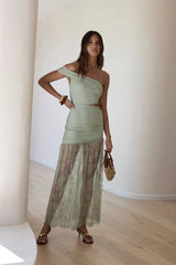 Blossoming Hearts Off Shoulder Lace Maxi Dress Sage