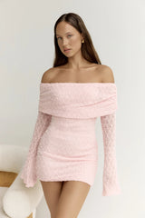 Beloved Dreams Off Shoulder Long Sleeve Mini Dress Pink