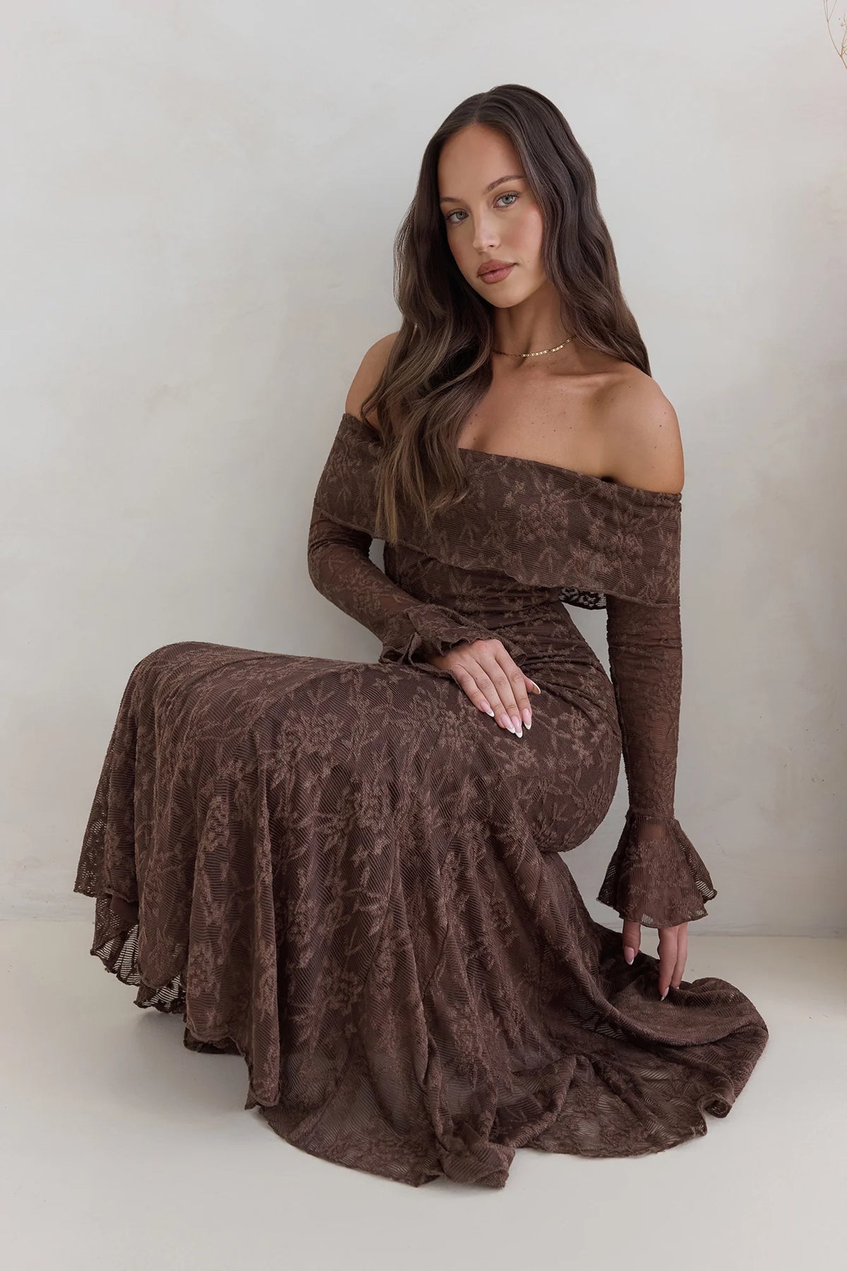 Here For Love Off Shoulder Mesh Maxi Dress Chocolate