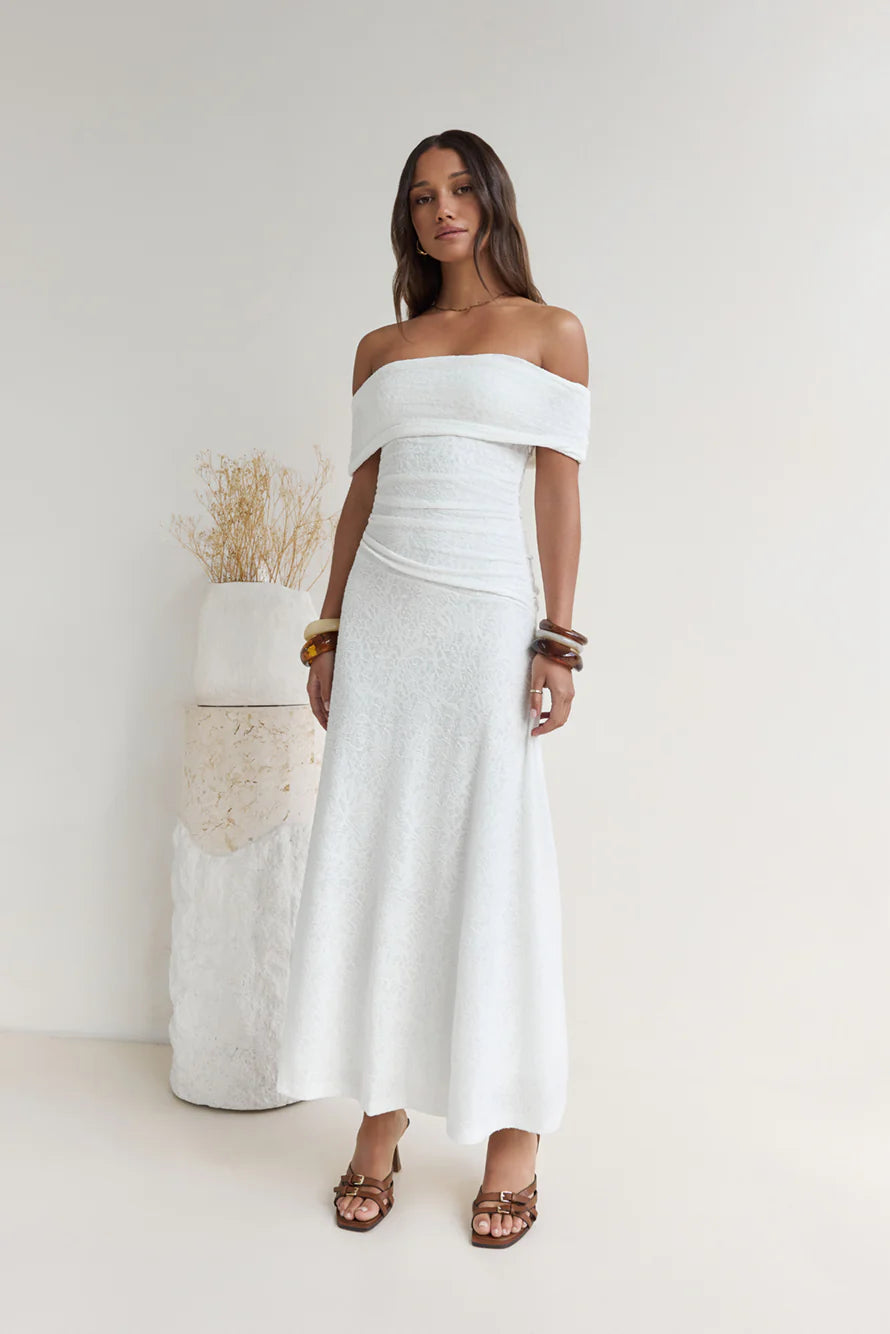 Secret Shorelines Off Shoulder Maxi Dress White