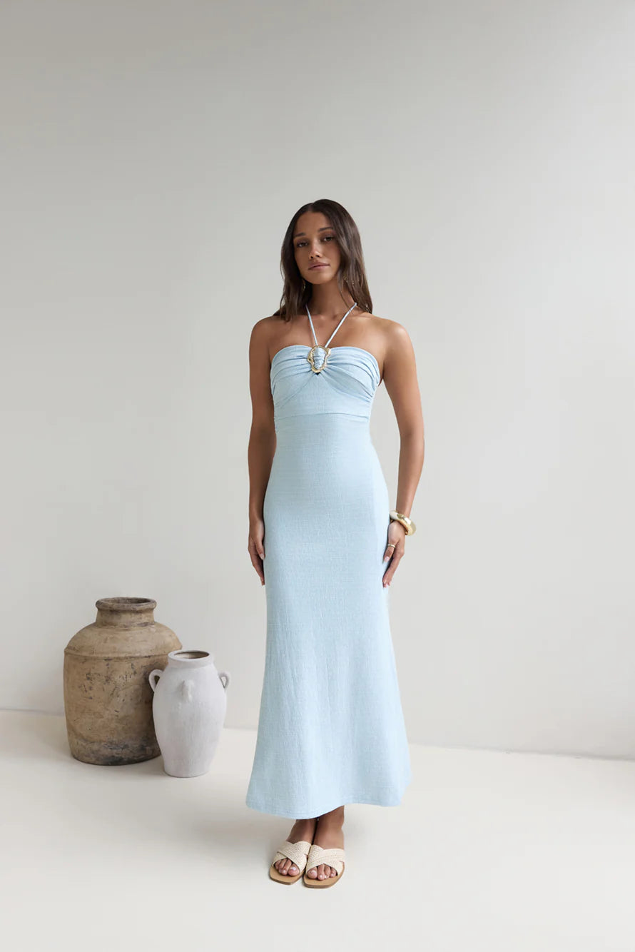 Karmic Blessing Strapless Halter Maxi Dress Blue