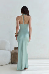Destinations Halter Satin Maxi Dress Sage