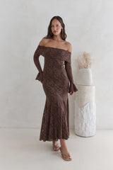 Here For Love Off Shoulder Mesh Maxi Dress Chocolate