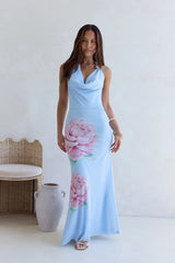 Truth Be Told Halter Mesh Maxi Dress Blue