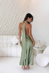 In My Feelings Satin Maxi Dress Olive