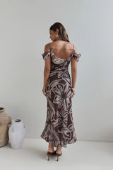 Desert Flower Off Shoulder Maxi Dress Brown